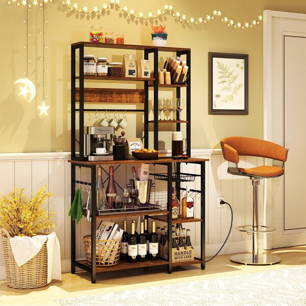 Costway Scaffale da cucina stand per microonde a 6 ripiani con ripiani aperti, Scaffale da cucina con stazione di ricarica Marrone