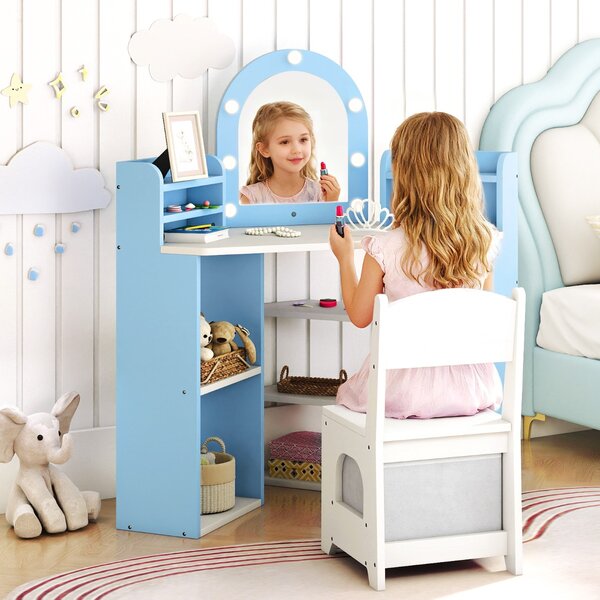 Costway Tocador per bambini con luci set toeletta e sedia principessa con 3 mensole, Tocador per bambini con 5 scomparti aperti Blu
