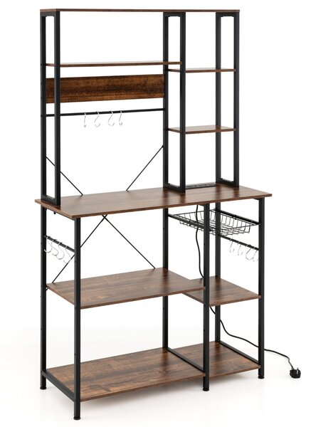 Costway Scaffale da cucina stand per microonde a 6 ripiani con ripiani aperti, Scaffale da cucina con stazione di ricarica Marrone