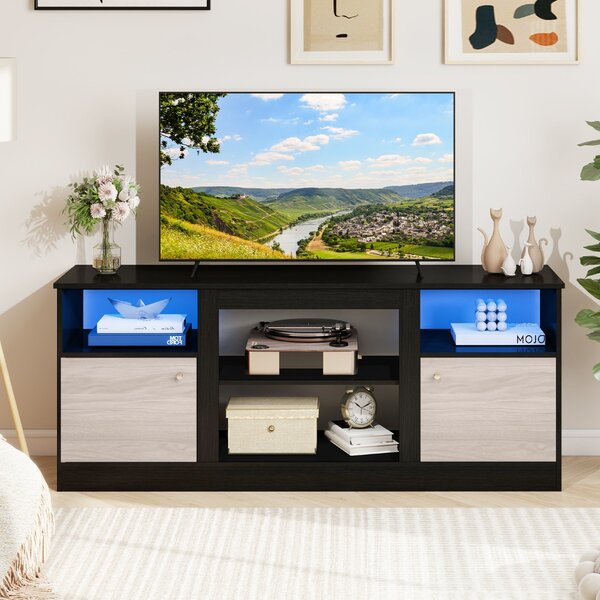 Costway Supporto tv con luci led con ripiano regolabile e scomparto aperto per camino elettrico, Supporto consolle con spazio