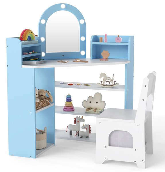 Costway Tocador per bambini con luci set toeletta e sedia principessa con 3 mensole, Tocador per bambini con 5 scomparti aperti Blu