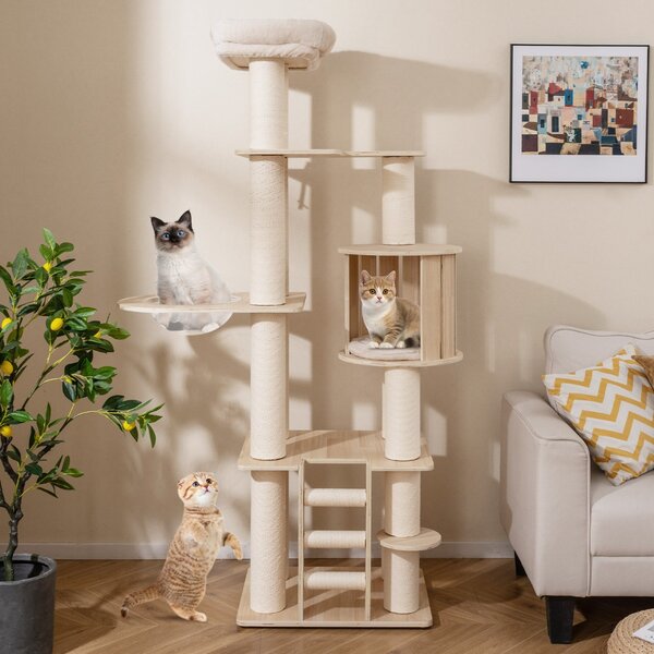 Costway Tiragraffi per gatti 185 cm plywood torretta con condo per gattini, Tiragraffi per gatti posto d’osservazione Legno naturale