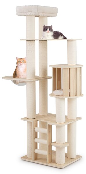 Costway Tiragraffi per gatti 185 cm plywood torretta con condo per gattini, Tiragraffi per gatti posto d’osservazione Legno naturale