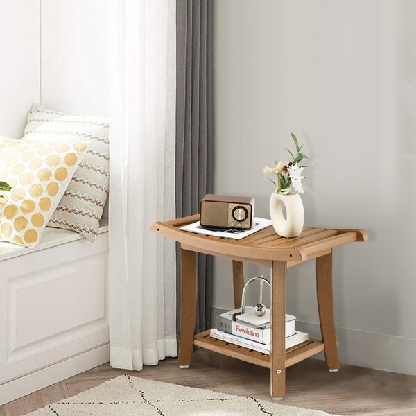 Costway Panca da doccia impermeabile con sedile curvo ripiano per riporre gli oggetti, Sgabello da bagno versatile Marrone