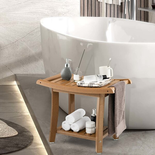 Costway Panca da doccia impermeabile con sedile curvo ripiano per riporre gli oggetti, Sgabello da bagno versatile Marrone