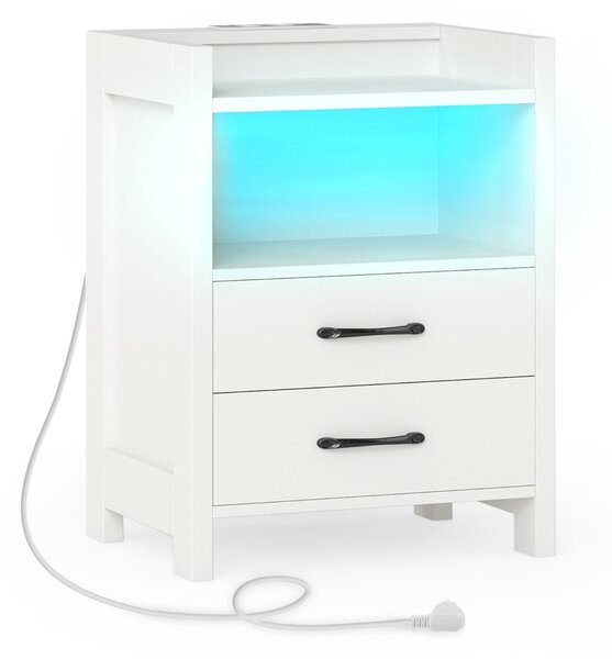Costway Tavolino moderno per divano per soggiorno e camera da letto, Comodino con luci LED e prese di corrente Bianco