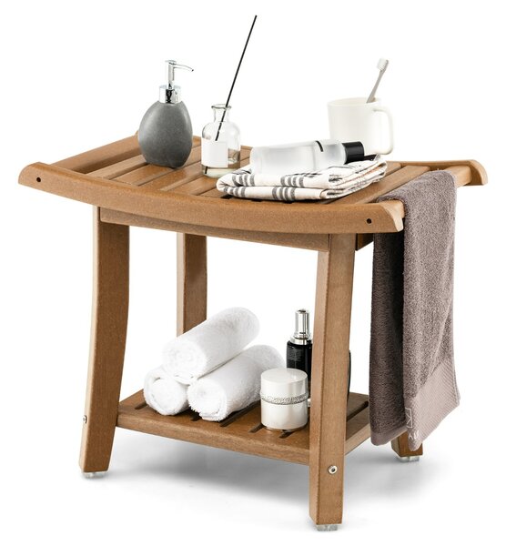 Costway Panca da doccia impermeabile con sedile curvo ripiano per riporre gli oggetti, Sgabello da bagno versatile Marrone
