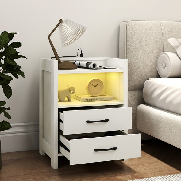 Costway Tavolino moderno per divano per soggiorno e camera da letto, Comodino con luci LED e prese di corrente Bianco