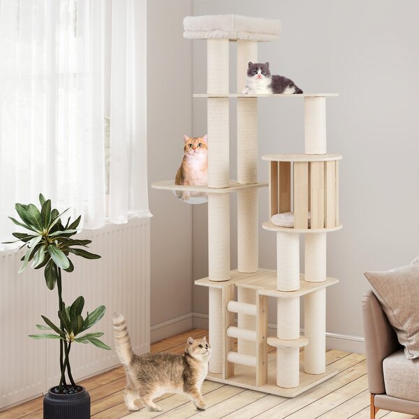 Costway Tiragraffi per gatti 185 cm plywood torretta con condo per gattini, Tiragraffi per gatti posto d’osservazione Legno naturale