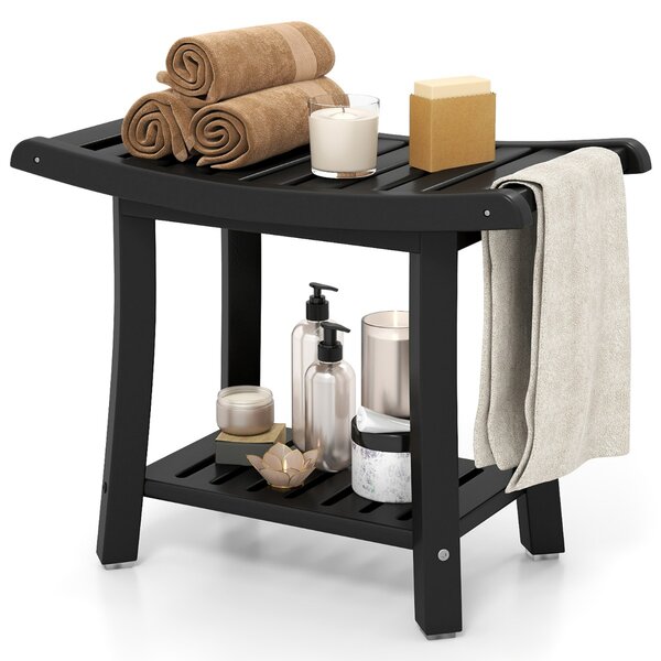 Costway Panca da doccia impermeabile con sedile curvo ripiano per riporre gli oggetti, Sgabello da bagno versatile Nero