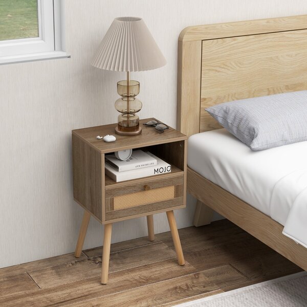 Costway Comodini in rattan con cassetto tavolini laterali stile boho da letto, Comodini in legno per soggiorno Naturale