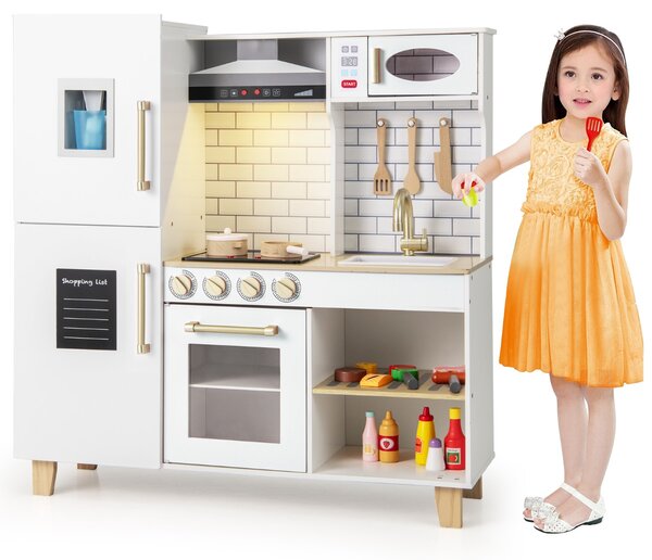 Costway Set da cucina per bambini con macchina del ghiaccio, Cucina giocattolo con luci e suoni per bambini Bianco