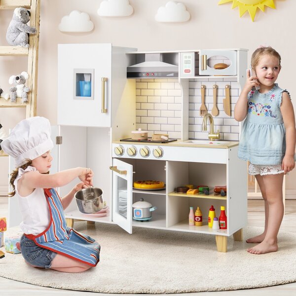 Costway Set da cucina per bambini con macchina del ghiaccio, Cucina giocattolo con luci e suoni per bambini Bianco