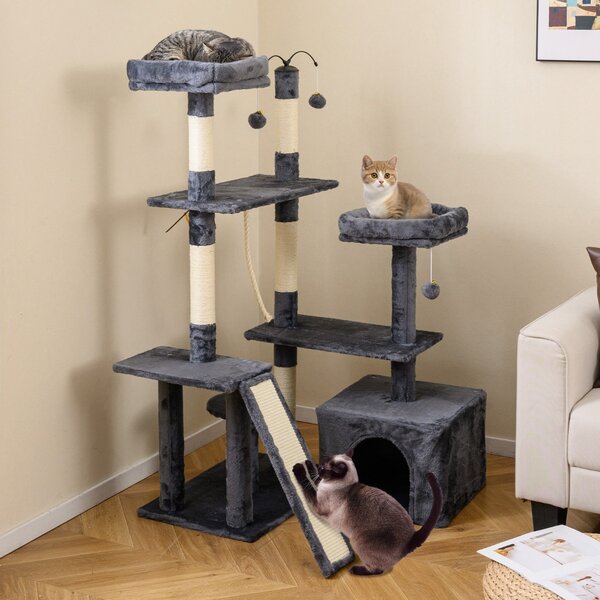 Costway Albero per gatti 136 cm casa giochi multilivello con tiragraffi rampa, Albero per gatti 2 posatoi imbottiti ampio condo Grigio scuro