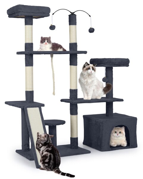 Costway Albero per gatti 136 cm casa giochi multilivello con tiragraffi rampa, Albero per gatti 2 posatoi imbottiti ampio condo Grigio scuro