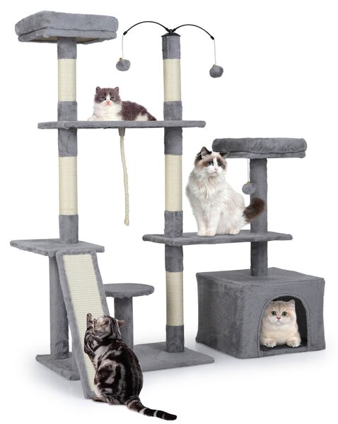 Costway Albero per gatti 136 cm casa giochi multilivello con tiragraffi rampa, Albero per gatti 2 posatoi imbottiti ampio condo Grigio chiaro