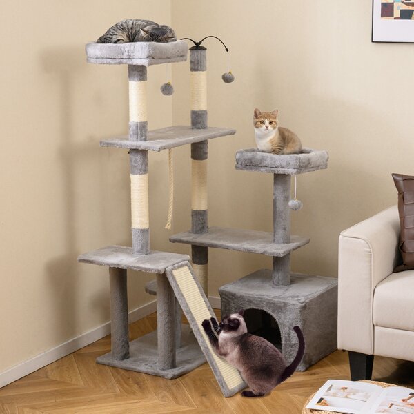 Costway Albero per gatti 136 cm casa giochi multilivello con tiragraffi rampa, Albero per gatti 2 posatoi imbottiti ampio condo Grigio chiaro