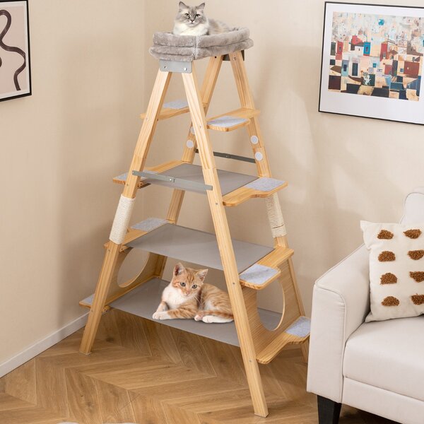 Costway Albero moderno in legno massello di pino con cuscino imbottito e torretta superiore, Albero centro attività salvaspazio per gatti