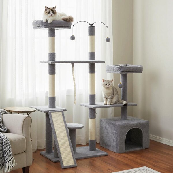 Costway Albero per gatti 136 cm casa giochi multilivello con tiragraffi rampa, Albero per gatti 2 posatoi imbottiti ampio condo Grigio chiaro