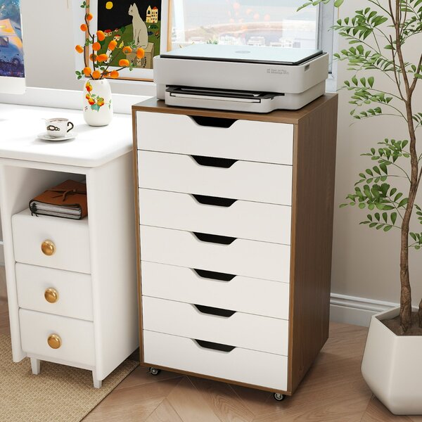 Costway Mobile con 7 cassetti organizzatore di documenti mobile con 4 ruote girevoli universali, Mobile comò verticale in legno Bianco