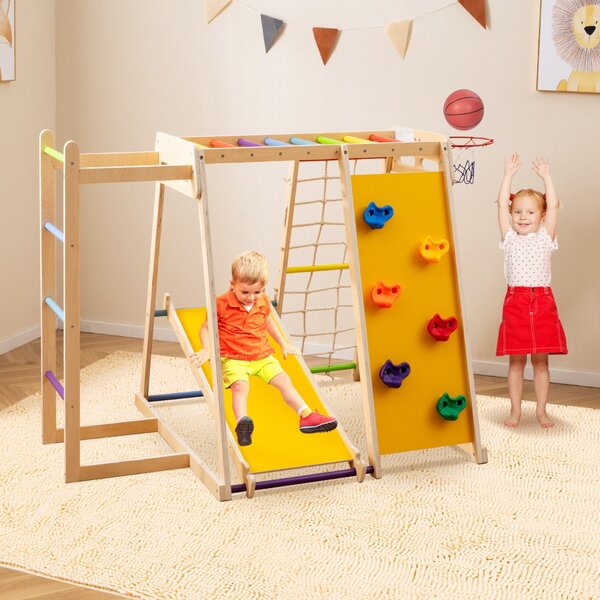 Costway Parco giochi bambini 6 in 1 legno set arrampicata con scivolo, Parco giochi bambini arrampicata e canestro basket Colorato