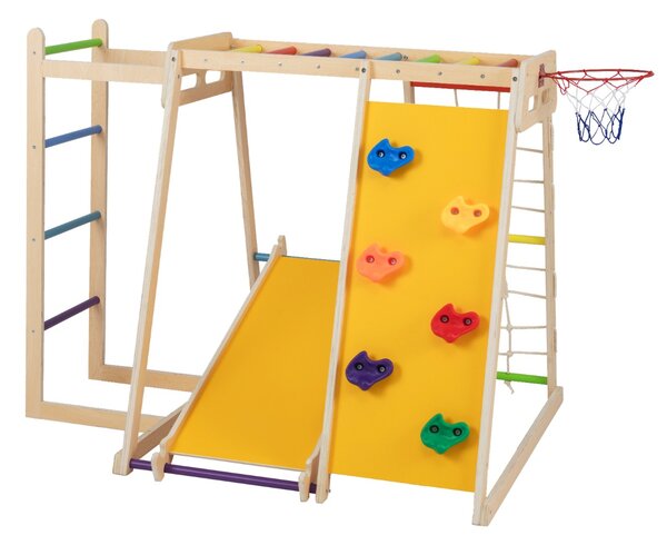Costway Parco giochi bambini 6 in 1 legno set arrampicata con scivolo, Parco giochi bambini arrampicata e canestro basket Colorato