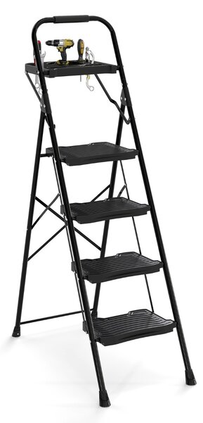 Costway Scala a 4 gradini con vaschetta porta attrezzi e pedali larghi antiscivolo, Scala pieghevole portatile multiuso per casa Nero