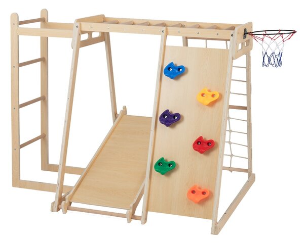 Costway Parco giochi bambini 6 in 1 legno set arrampicata con scivolo, Parco giochi bambini arrampicata e canestro basket Legno naturale