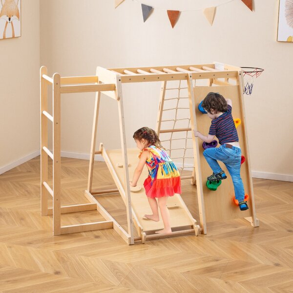 Costway Parco giochi bambini 6 in 1 legno set arrampicata con scivolo, Parco giochi bambini arrampicata e canestro basket Legno naturale