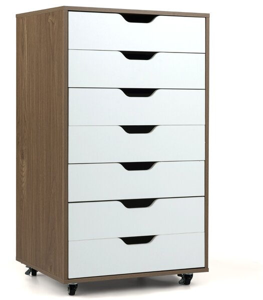 Costway Mobile con 7 cassetti organizzatore di documenti mobile con 4 ruote girevoli universali, Mobile comò verticale in legno Bianco