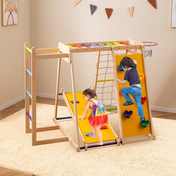 Costway Parco giochi bambini 6 in 1 legno set arrampicata con scivolo, Parco giochi bambini arrampicata e canestro basket Colorato