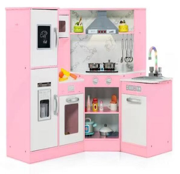 Costway Cucina giocattolo per bambini in legno con lavabo separato suoni e luci divertenti, Set da cucina per giochi Rosa