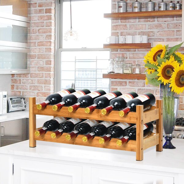 Costway Scaffale di bambù per vini con 2 livelli e porta bottiglie di vino, Porta bottiglie per cucina e scaffale bottiglie di vino di legno