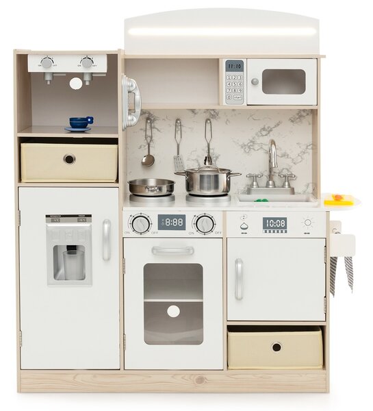 Costway Cucina giocattolo per bambini con luci led regolabili colorate, Cucina giocattolo cesti di stoffa rimovibili e scaffali Bianco