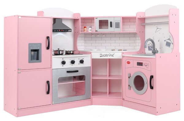 Costway Cucina giocattolo d'angolo per bambini con macchina di ghiaccio, Cucina giocattolo con microonde e forno Rosa