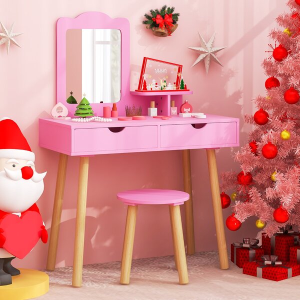 Costway Postazione trucco bambina 2 in 1 toeletta e sgabello in legno per bambine, Postazione di compleanno natale per bambine Rosa scuro