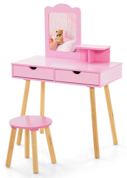 Costway Postazione trucco bambina 2 in 1 toeletta e sgabello in legno per bambine, Postazione di compleanno natale per bambine Rosa scuro