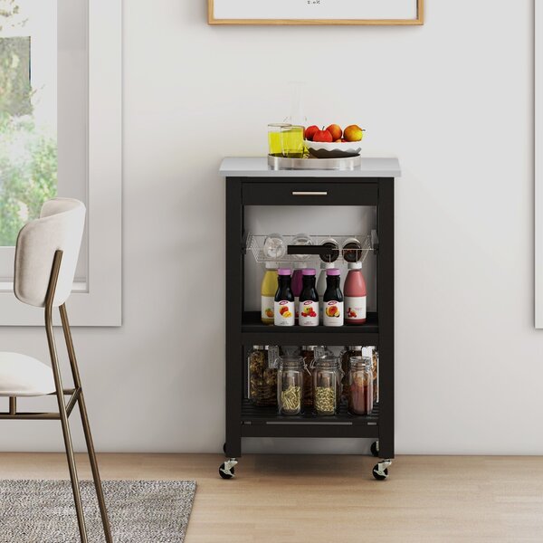 Costway Carrello a 4 livelli con piano in acciaio inox cestino in rete e vassoio rimovibile, Carrello da cucina Isola da cucina Nero