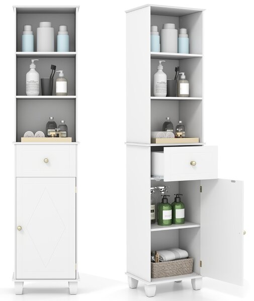Costway Mobile bagno alto mobiletto stretto da pavimento con 3 ripiani aperti, Mobile unità di stoccaggio indipendente Bianco