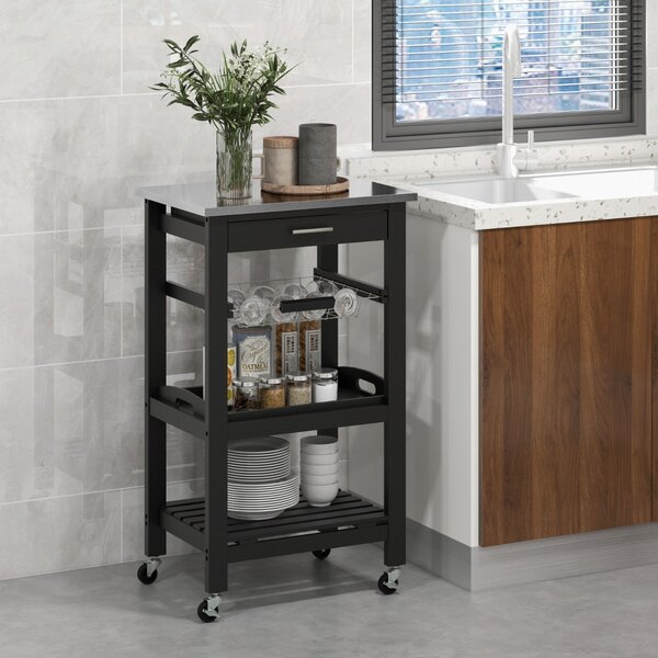 Costway Carrello a 4 livelli con piano in acciaio inox cestino in rete e vassoio rimovibile, Carrello da cucina Isola da cucina Nero