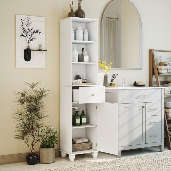 Costway Mobile bagno alto mobiletto stretto da pavimento con 3 ripiani aperti, Mobile unità di stoccaggio indipendente Bianco