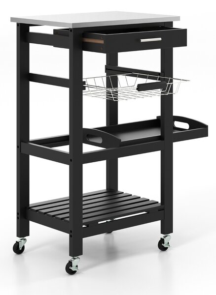 Costway Carrello a 4 livelli con piano in acciaio inox cestino in rete e vassoio rimovibile, Carrello da cucina Isola da cucina Nero