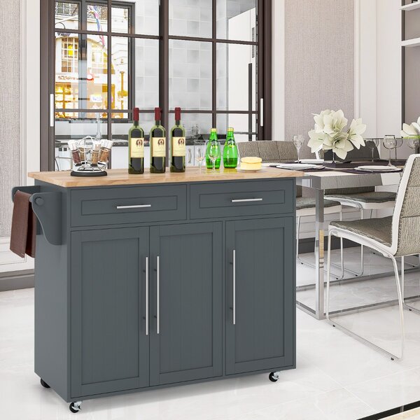 Costway Carrello da cucina in legno con 2 cassetti e maniglia, Armadietto da cucina con ruote 122x45,5x92,5cm Grigio