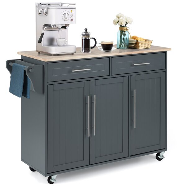 Costway Carrello da cucina in legno con 2 cassetti e maniglia, Armadietto da cucina con ruote 122x45,5x92,5cm Grigio