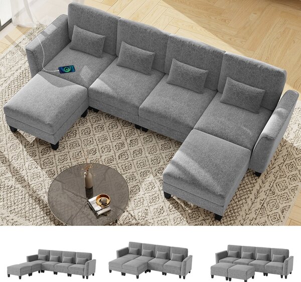 Costway Divano modulare divano a forma di u con porte di ricarica usb e tipo-c, Divano con doppio chaise longue per soggiorno Grigio