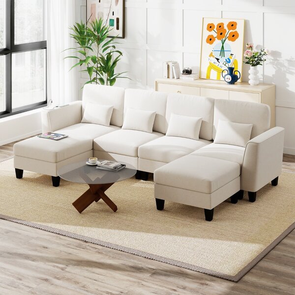 Costway Divano modulare divano a forma di u con porte di ricarica usb e tipo-c, Divano con doppio chaise longue per soggiorno Beige