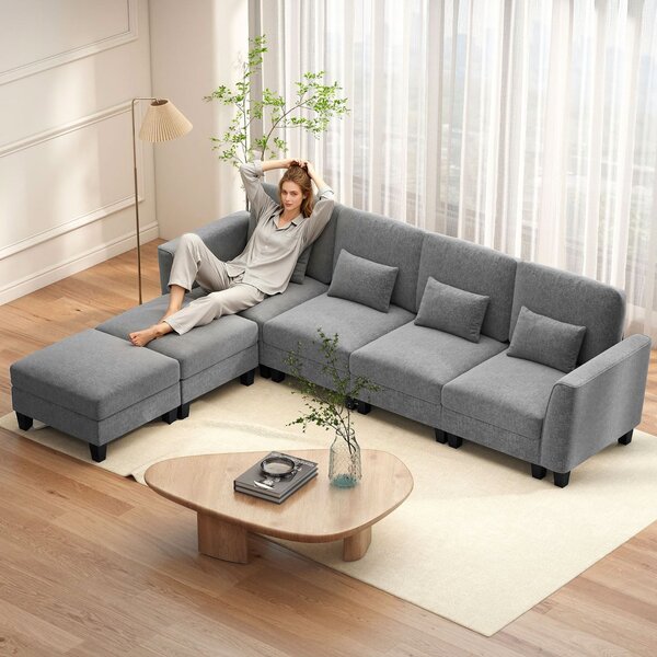 Costway Divano modulare divano a forma di u con porte di ricarica usb e tipo-c, Divano con doppio chaise longue per soggiorno Grigio