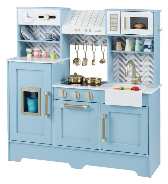Costway Cucina da gioco per bambini in legno con forno a microonde e distributore di ghiaccio, Cucina per bambini 3-6 Anni Blu
