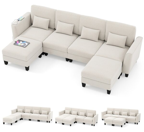 Costway Divano modulare divano a forma di u con porte di ricarica usb e tipo-c, Divano con doppio chaise longue per soggiorno Beige