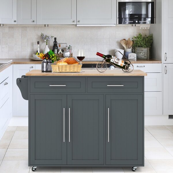 Costway Carrello da cucina in legno con 2 cassetti e maniglia, Armadietto da cucina con ruote 122x45,5x92,5cm Grigio